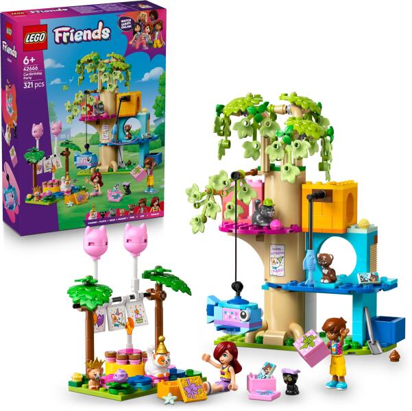 LEGO Friends 42666 - Petrecere de ziua de nastere a pisicii si casuta in copac (321 piese)