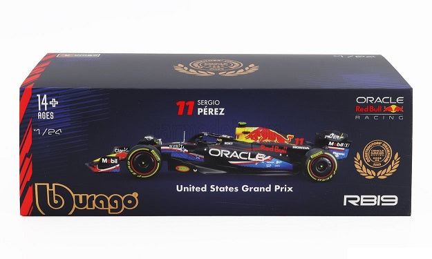 Formula 1 Oracle Red Bull Racing RB19 2023 Sergio Perez #11 cu vitrina plexiglass UNITED STATES Grand Prix - 1/24 Bburago