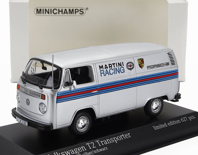 Volkswagen T2 Transporter "Porsche Martini" argintiu 1/627pcs cu vitrina plexiglass - 1/43 Minichamps