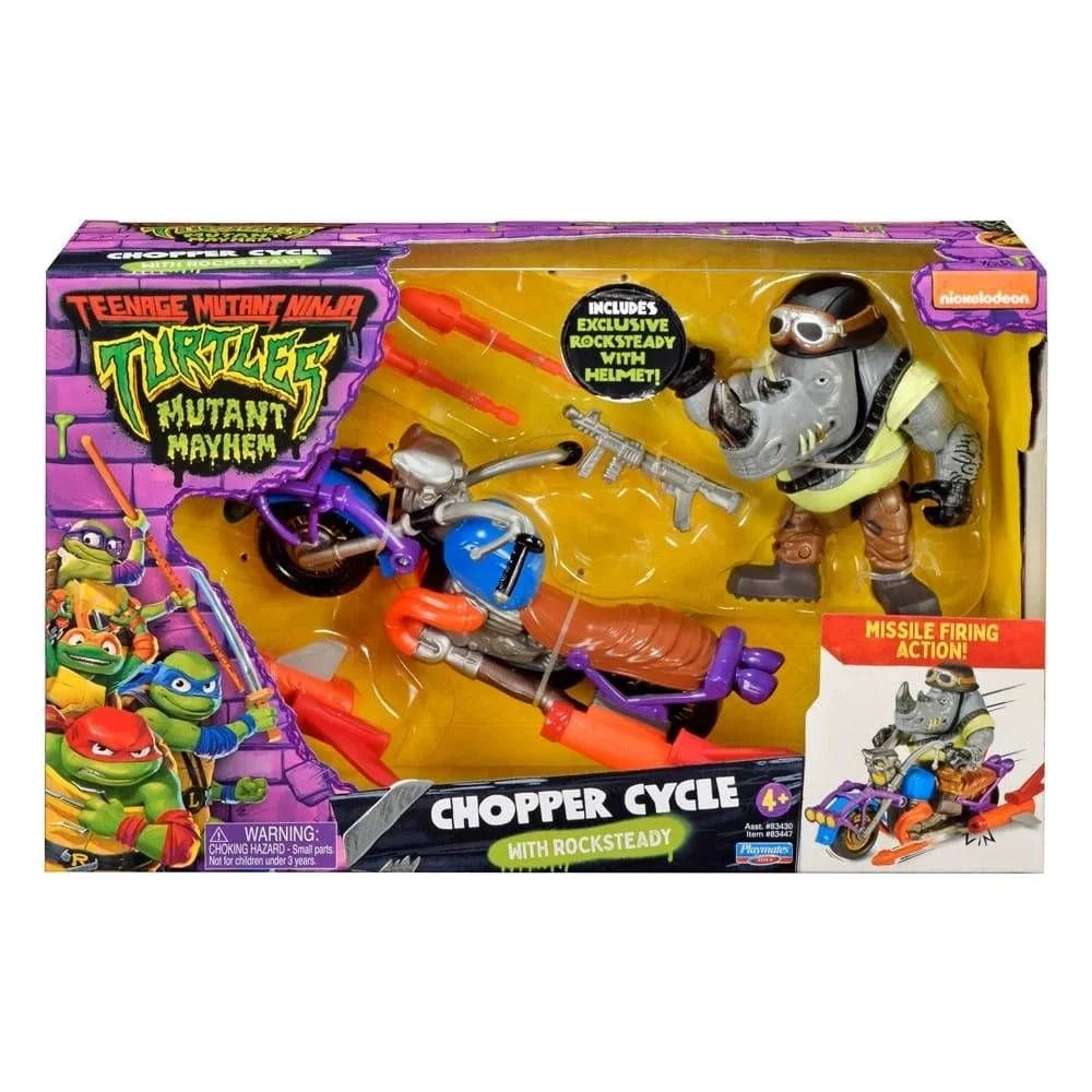 Figurina cu vehicul Testoasele Ninja - Chopper Cycle cu Rocksteady