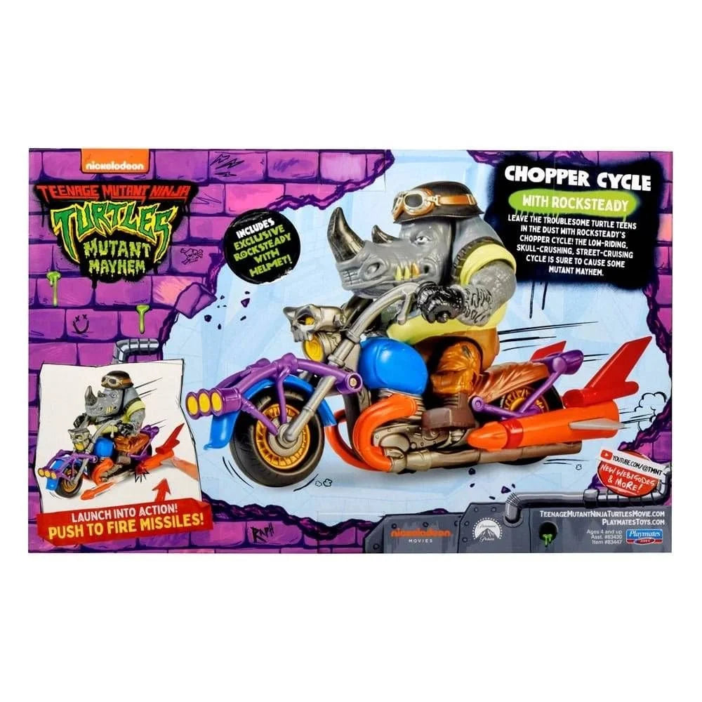 Figurina cu vehicul Testoasele Ninja - Chopper Cycle cu Rocksteady