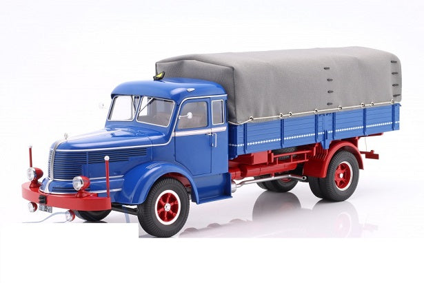 Camion Krupp Titan SWL 80 flatbed truck Baumann with tarp 1950-54 albastru/rosu - 1:18 Road Kings