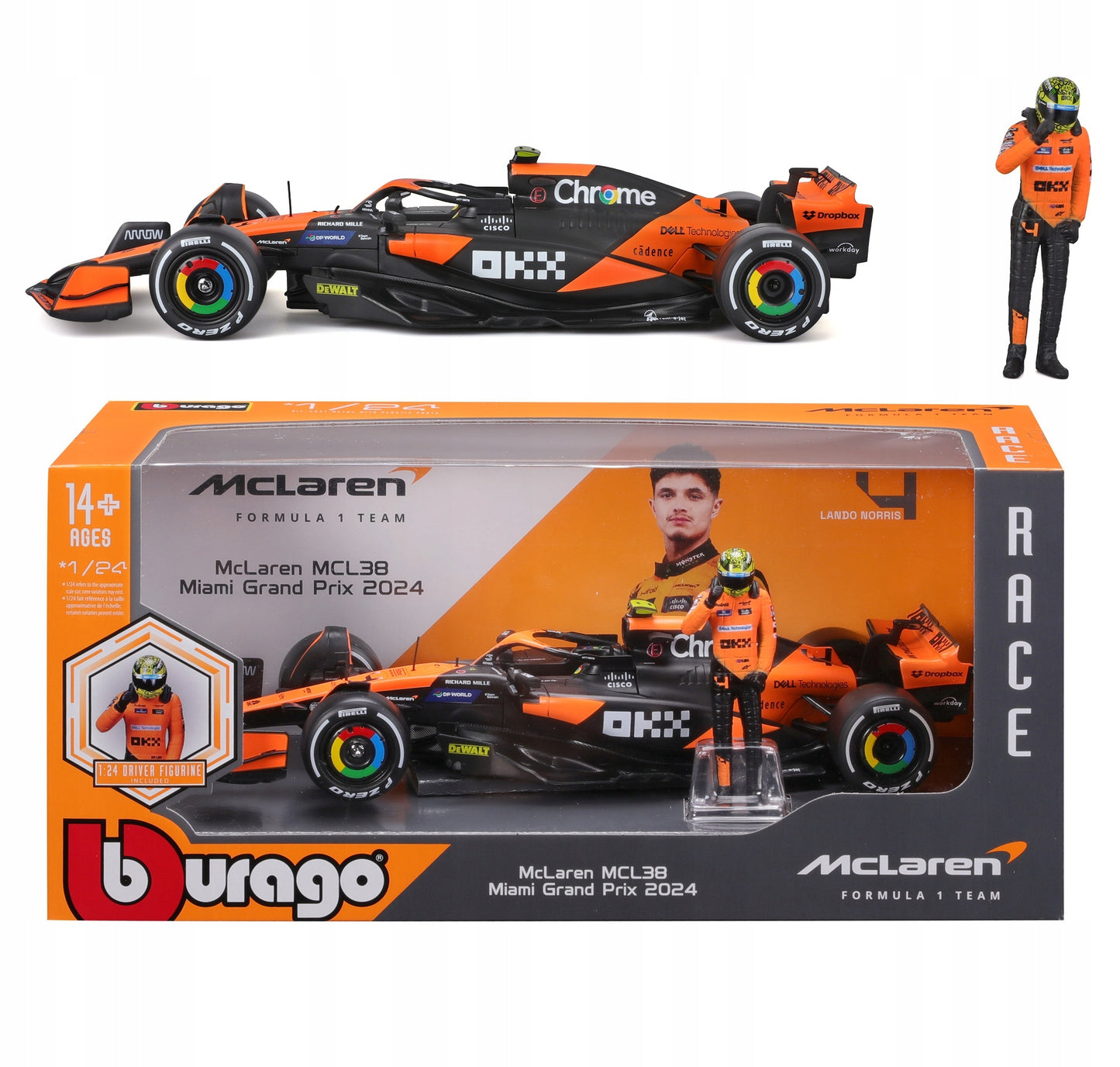 Formula 1 McLaren MCL38 Miami Grand Prix 2024 #4 cu figurina Lando Norris - 1/24 Bburago