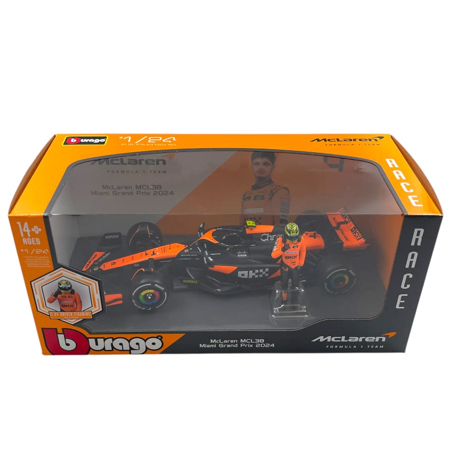 Formula 1 McLaren MCL38 Miami Grand Prix 2024 #4 cu figurina Lando Norris - 1/24 Bburago