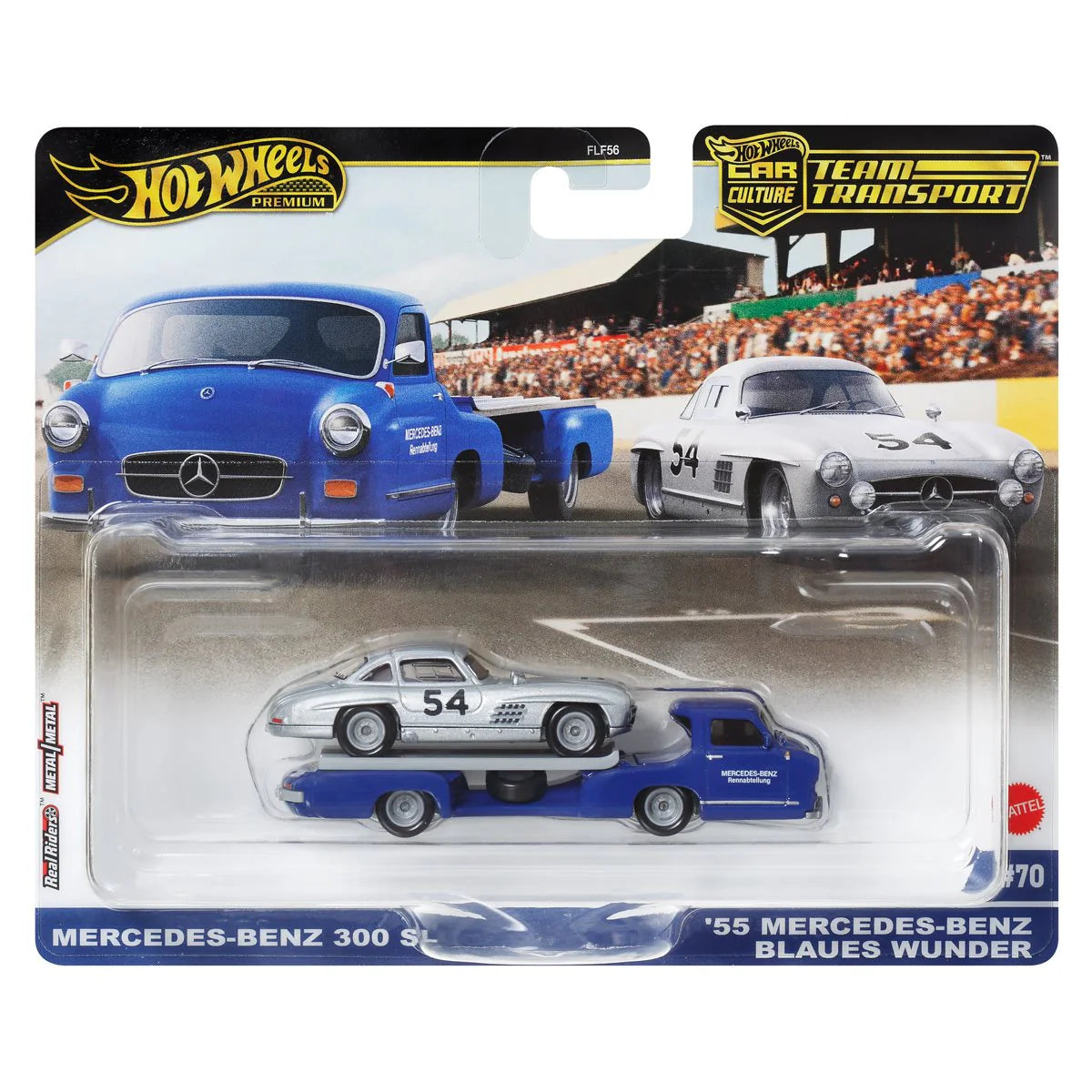 Set 2 masinute Transportor Mercedes Blaues Wunder si Mercedes 300 SL - 1/64 Hot Wheels Premium
