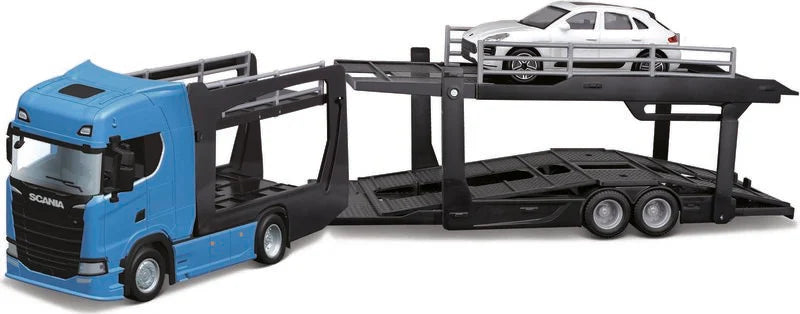Transportor Scania 770 si Porsche Macan alb - 1/43 Bburago