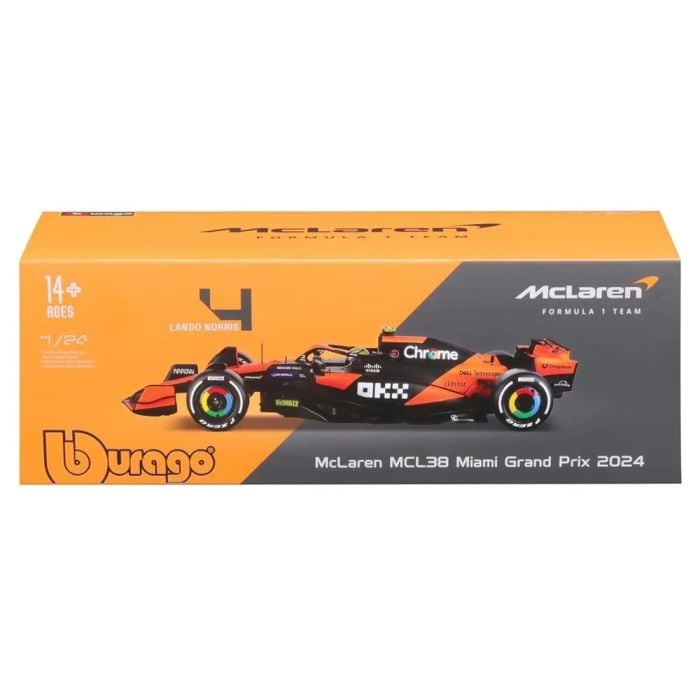 Formula 1 McLaren MCL38 #4 Lando Norris Miami Grand Prix 2024 cu vitrina plexiglass - 1/24 Bburago