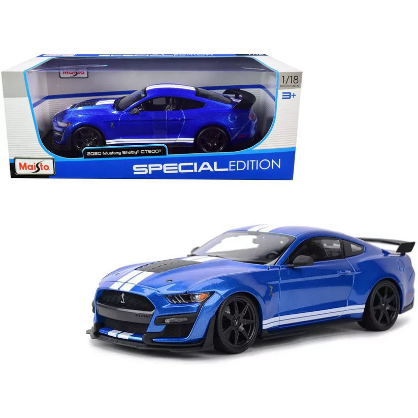 Mustang Shelby GT500 2020 albastru cu dungi albe - 1/18 Maisto