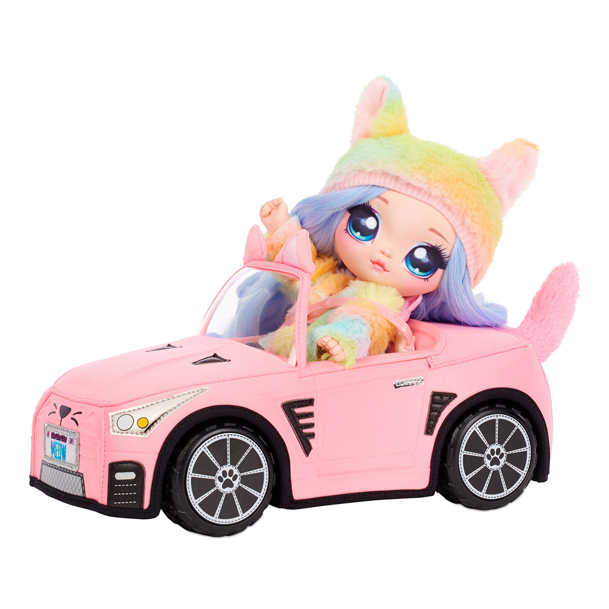 Masina din plus NaNaNa Surprise decapotabila Soft Plush Convertible Kitty Car roz