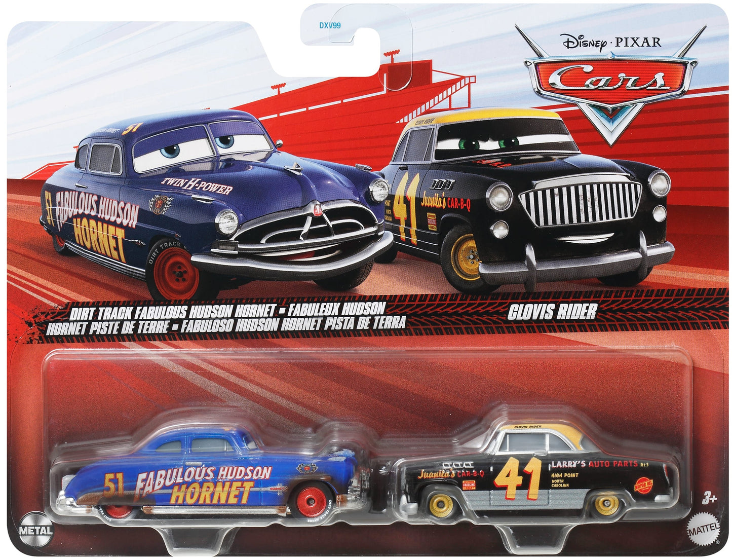 Set 2 masinute metalice Fabuloso Hudson Hornet pista de Terra si Clovis Rider - 1/55 Cars
