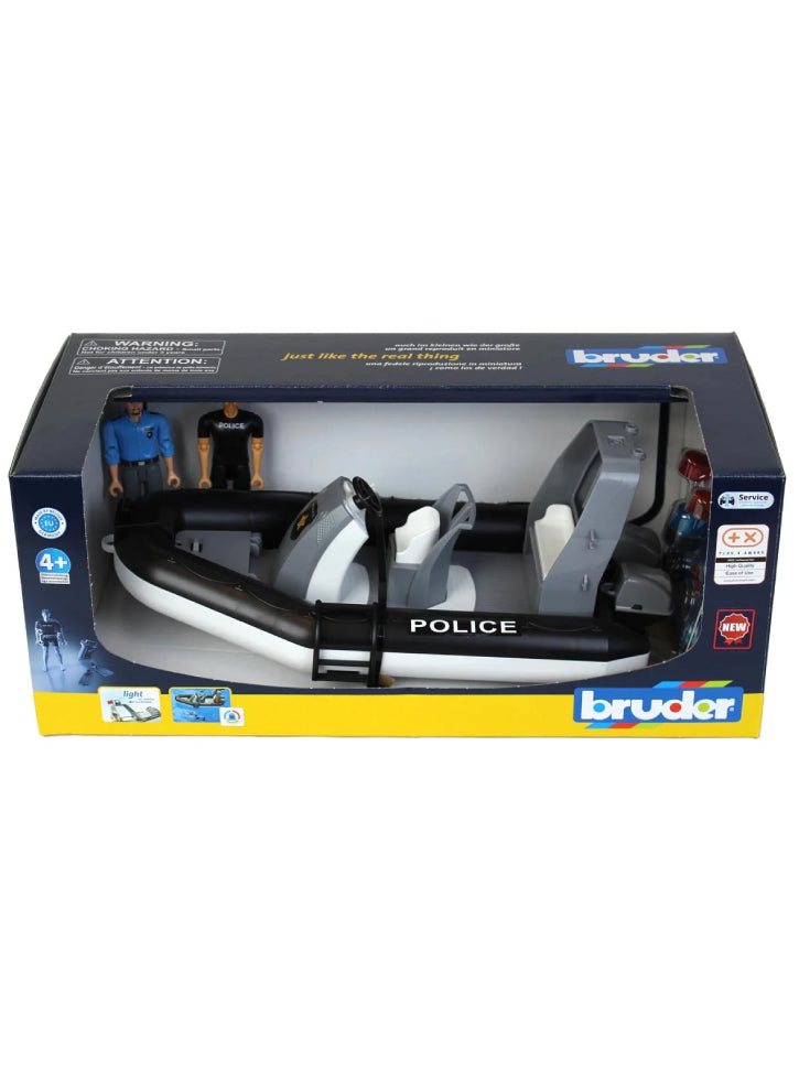 BRUDER 62733 - Barcă de poliție cu girofar rotativ, figurine și accesorii