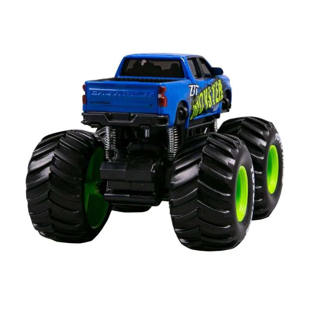 Monster Truck Earth Shockers 12cm Chevrolet albastru/verde pullback Fresh Metal - Maisto