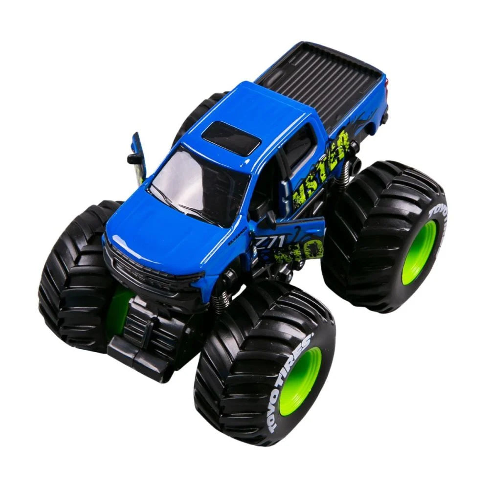 Monster Truck Earth Shockers 12cm Chevrolet albastru/verde pullback Fresh Metal - Maisto
