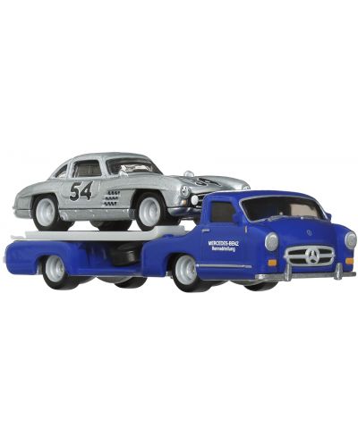 Set 2 masinute Transportor Mercedes Blaues Wunder si Mercedes 300 SL - 1/64 Hot Wheels Premium