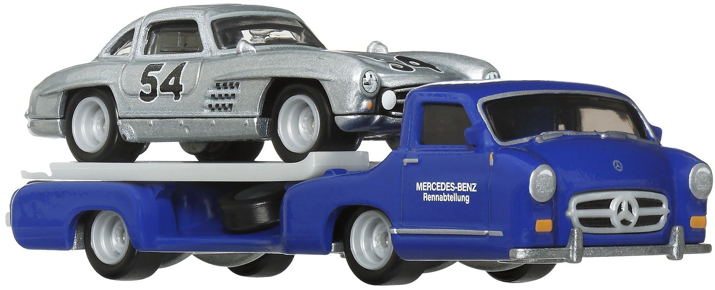 Set 2 masinute Transportor Mercedes Blaues Wunder si Mercedes 300 SL - 1/64 Hot Wheels Premium