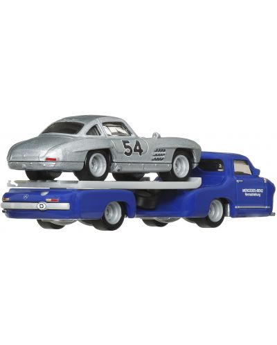 Set 2 masinute Transportor Mercedes Blaues Wunder si Mercedes 300 SL - 1/64 Hot Wheels Premium