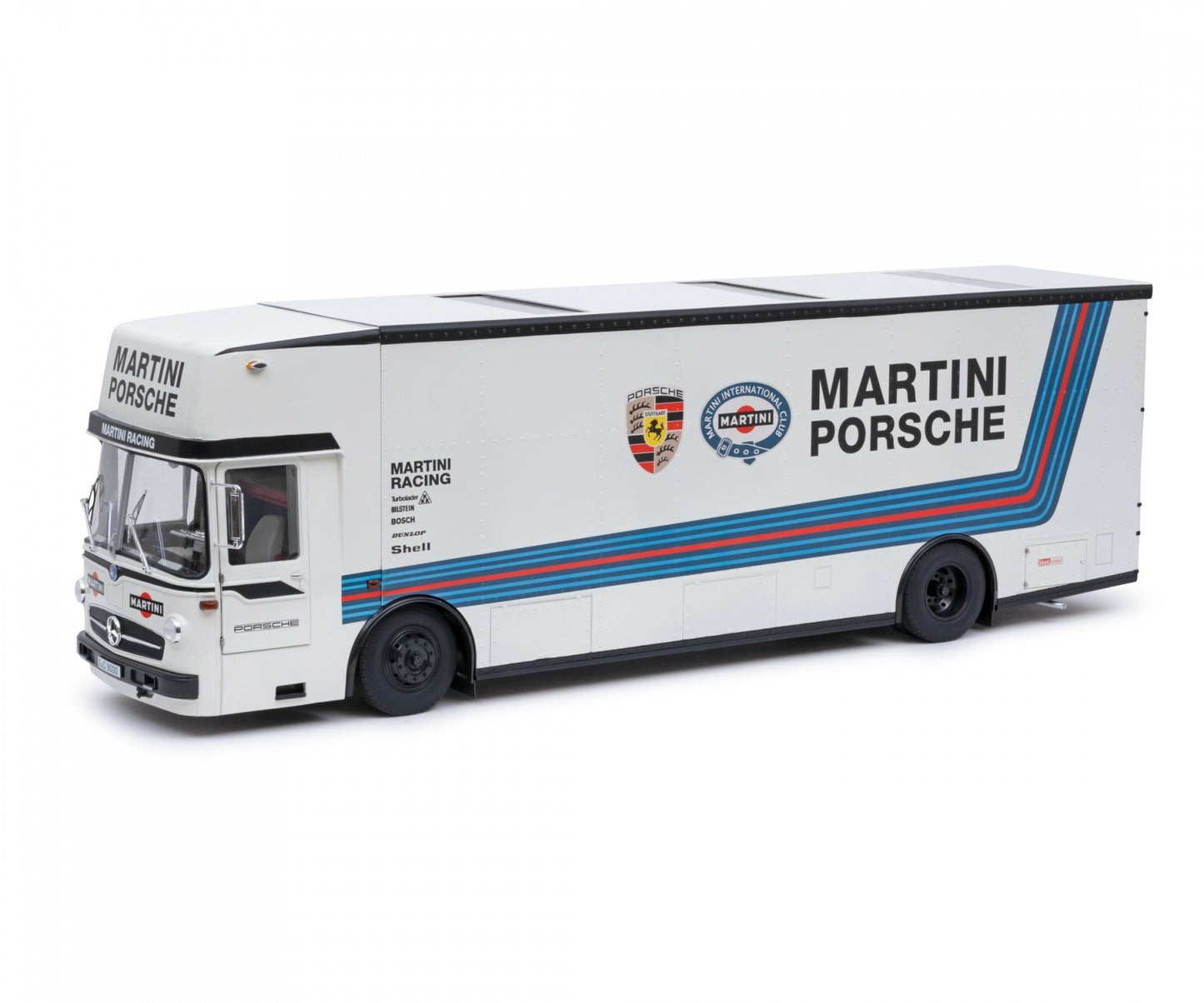 Mercedes-Benz O 317 Renntransporter Porsche Martini Racing - 1/18 Schuco