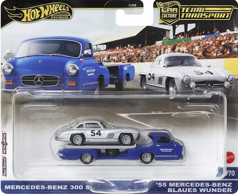 Set 2 masinute Transportor Mercedes Blaues Wunder si Mercedes 300 SL - 1/64 Hot Wheels Premium