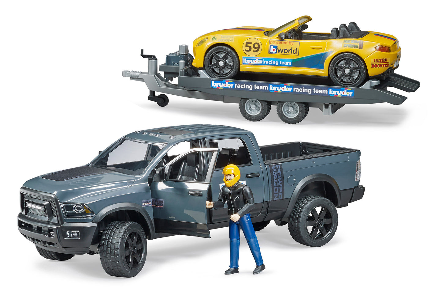 BRUDER 02504 - RAM 2500 Power Wagon cu trailer si masinuta roadster