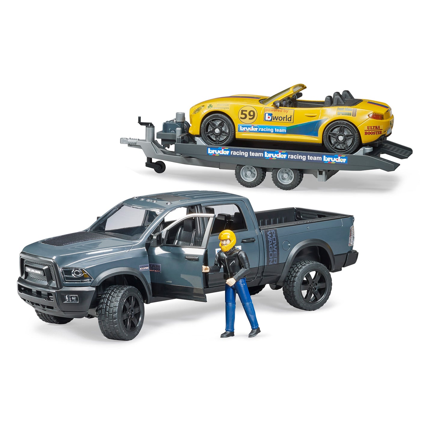 BRUDER 02504 - RAM 2500 Power Wagon cu trailer si masinuta roadster