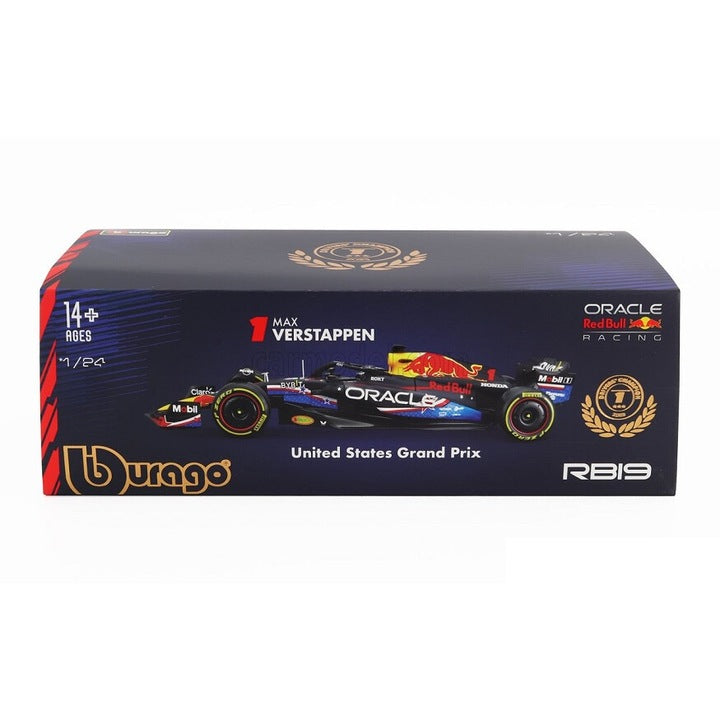 Formula 1 Oracle Red Bull Racing RB19 2023 Max Verstappen United States Grand Prix cu vitrina plexiglass - 1/24 Bburago