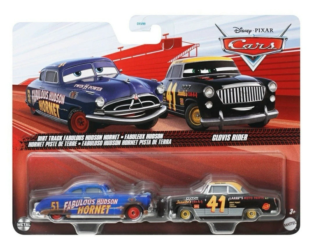 Set 2 masinute metalice Fabuloso Hudson Hornet pista de Terra si Clovis Rider - 1/55 Cars