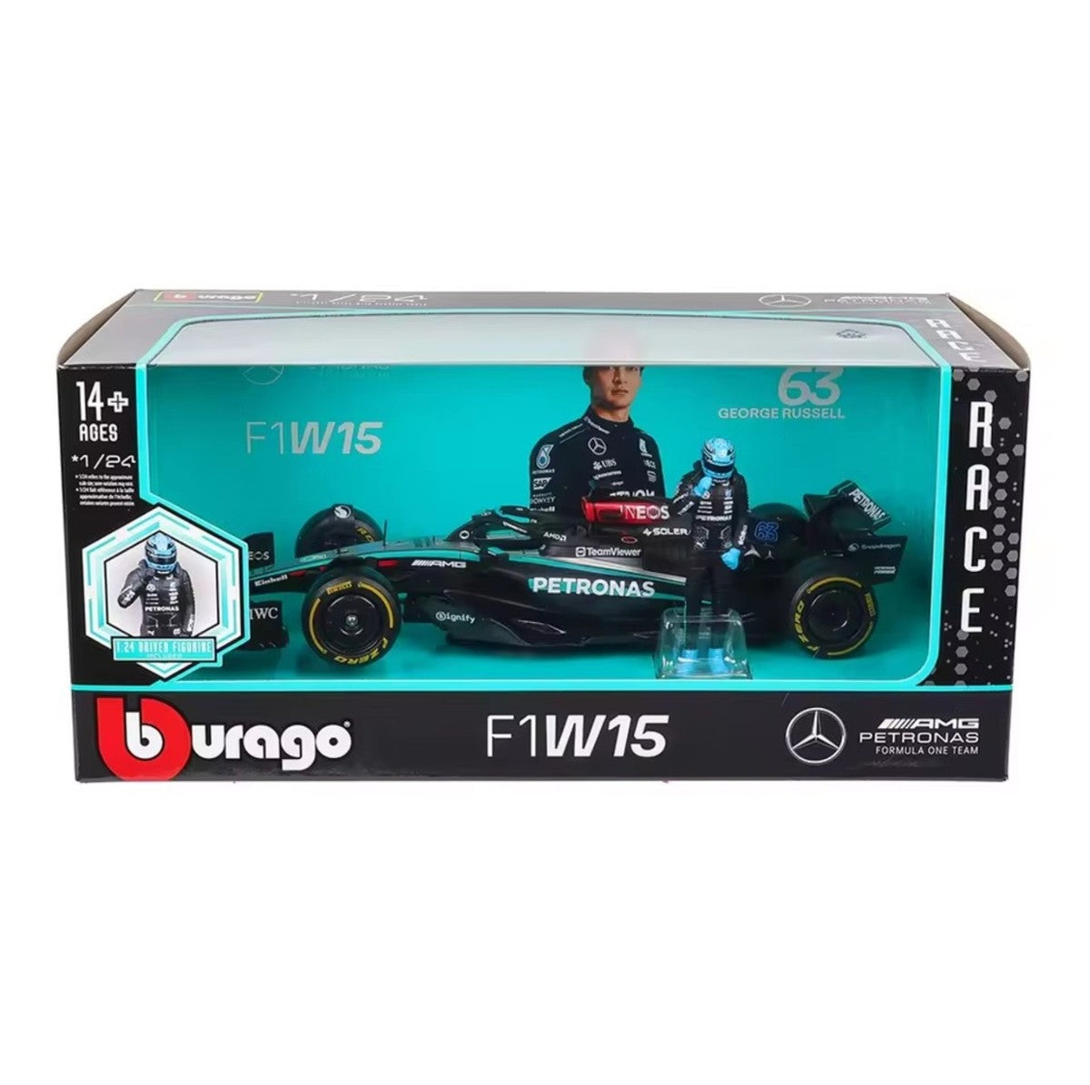 Formula 1 Mercedes AMG Petronas F1 W15 #63 cu figurina George Russell - 1/24 Bburago