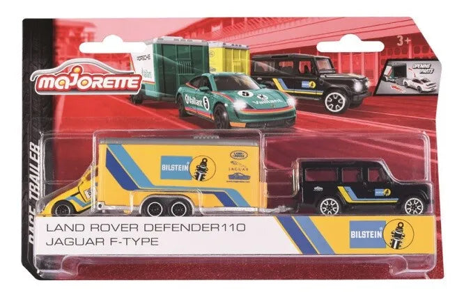 Set Masinuta Land Rover Defender 110 , Jaguar F-Type cu remorca - 1/64 Majorette