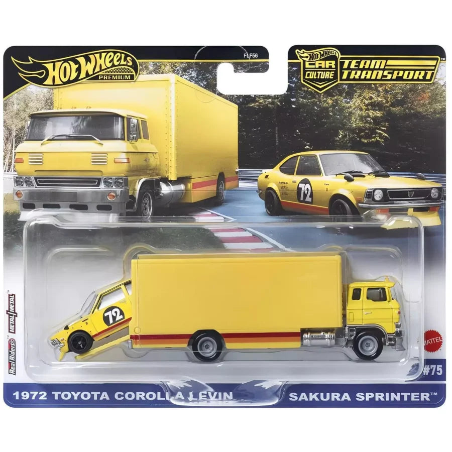 Set Transportor Sakura Sprinter cu masinuta Toyota Corolla Levin 1972 - 1/64 Hot Wheels Premium