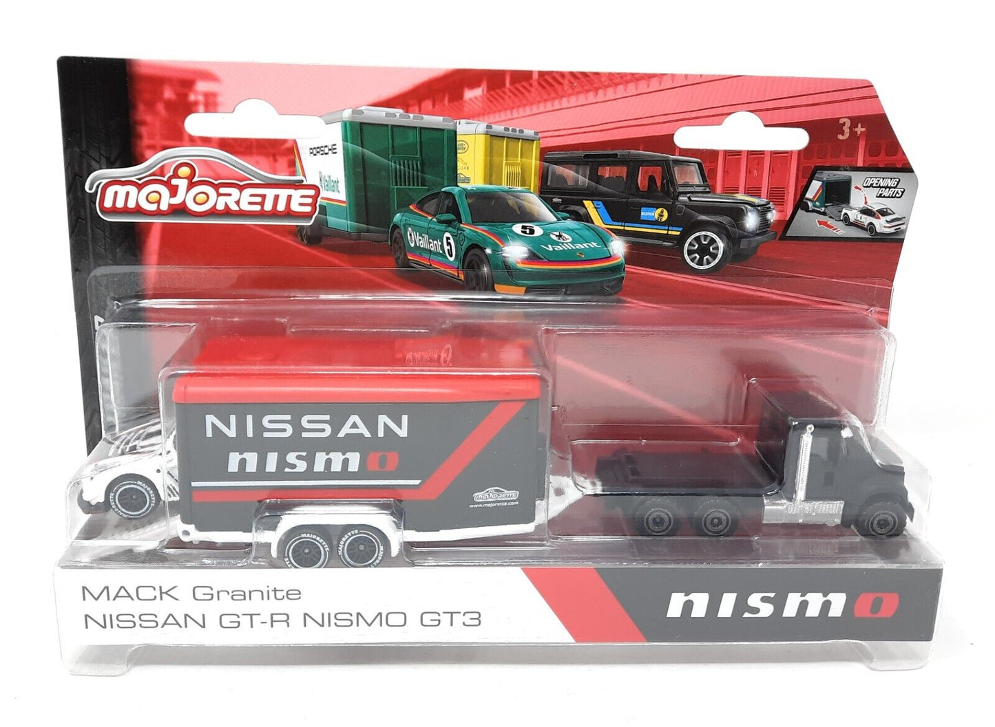 Set Masinuta Mack Granite,Nissan GT-R Nismo Gt3 cu remorca - 1/64 Majorette
