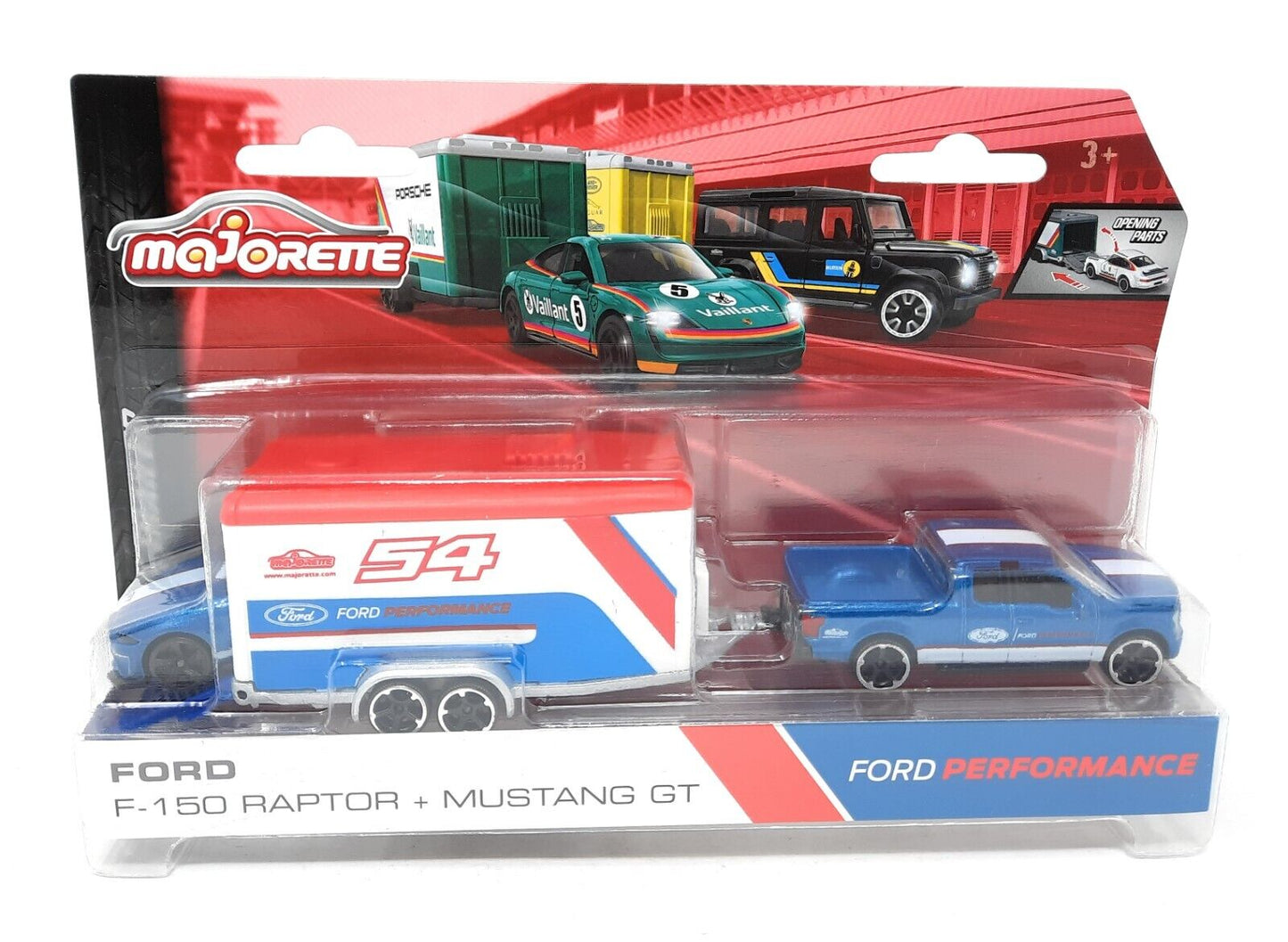 Set Masinuta Ford F-150 Raptor, Mustang GT cu remorca - 1/64 Majorette