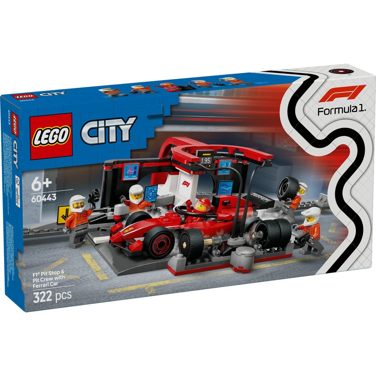 LEGO City 60443 - Boxa si mecanici F1 cu masina Ferrari (322 piese)