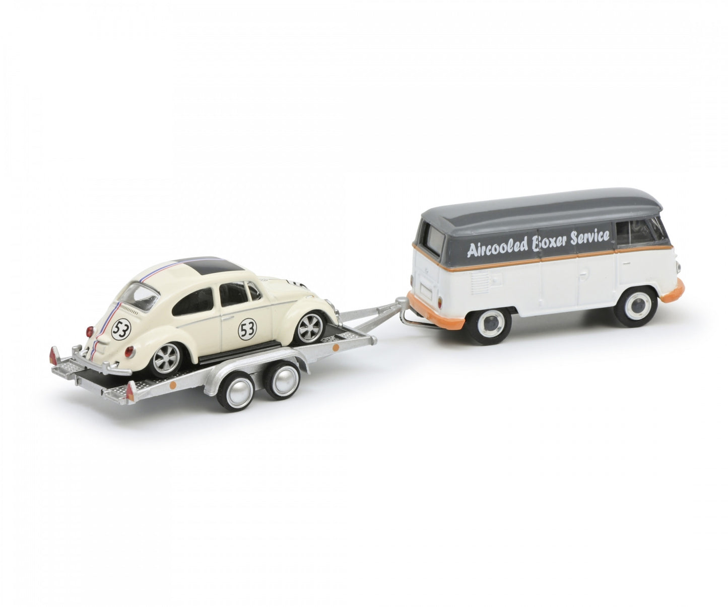 Set Machete VW T1 cu VW Beetle si remorca - 1/64 Schuco