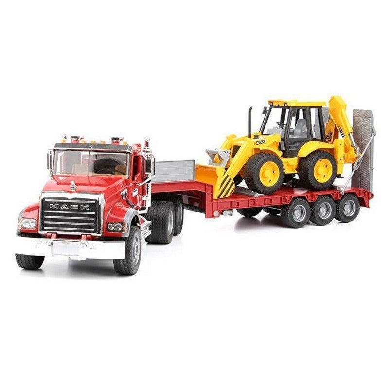 BRUDER 02813 - Camion Mack cu platforma si cu buldoexcavator JCB 4CX