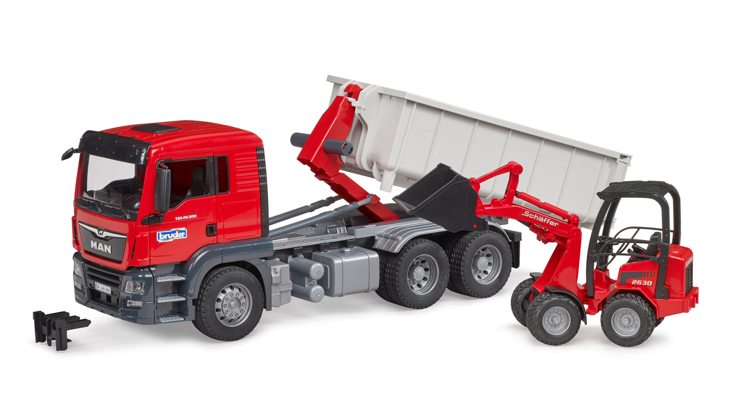 BRUDER 03767 - Camion MAN TGS cu container Abroll cu incarcator Schaffer