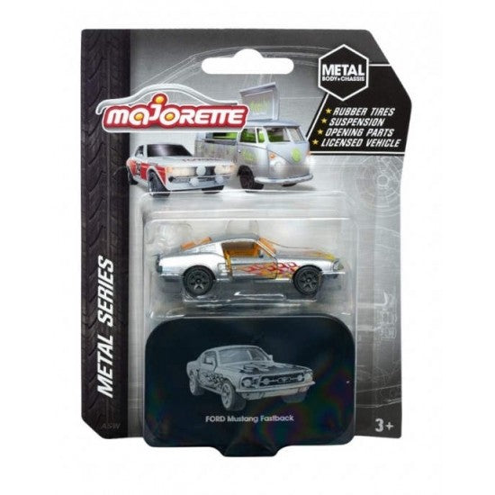 Masinuta Ford Mustang Fastback cu flacari + cutie metalica depozitare - 1/64 Majorette