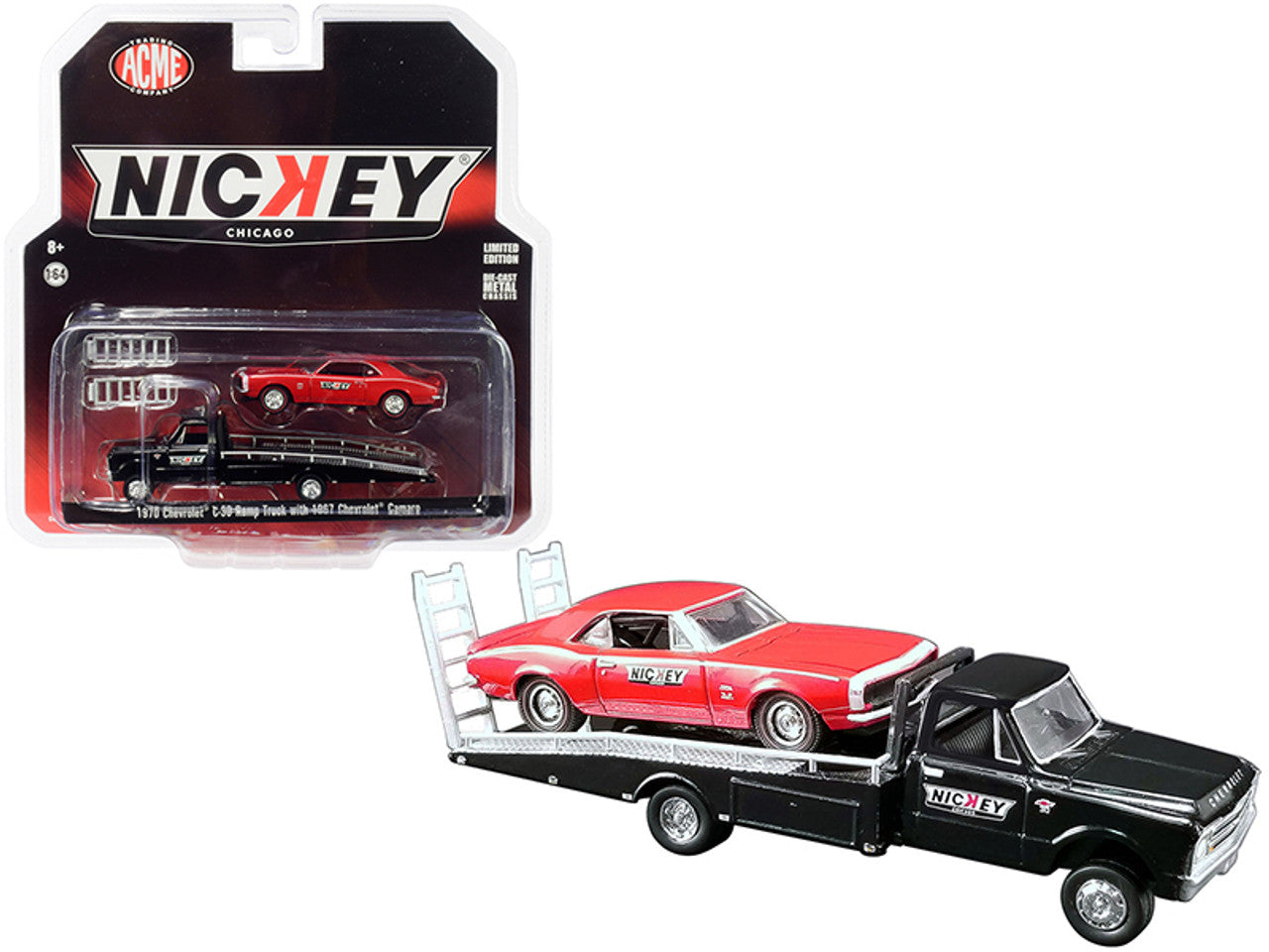 Set 2 masinute Chevrolet C-30 Ramp Truck 1970 cu Chevrolet Camaro 1967 - 1/64 ACME
