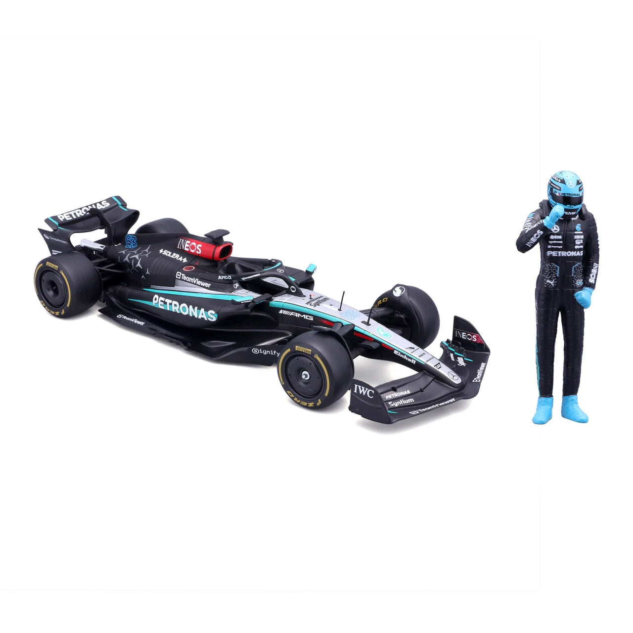 Formula 1 Mercedes AMG Petronas F1 W15 #63 cu figurina George Russell - 1/24 Bburago