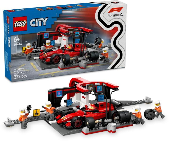 LEGO City 60443 - Boxa si mecanici F1 cu masina Ferrari (322 piese)