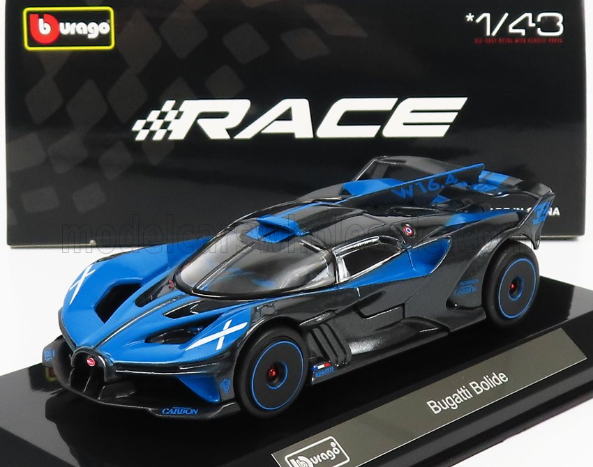 Bugatti Bolide gri/albastru cu vitrina plexiglass - 1/43 Bburago