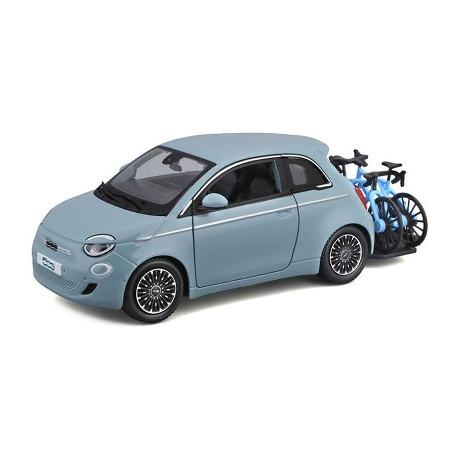 Fiat 500E 2023 cu portbagaj pentru biciclete - 1/24 Bburago