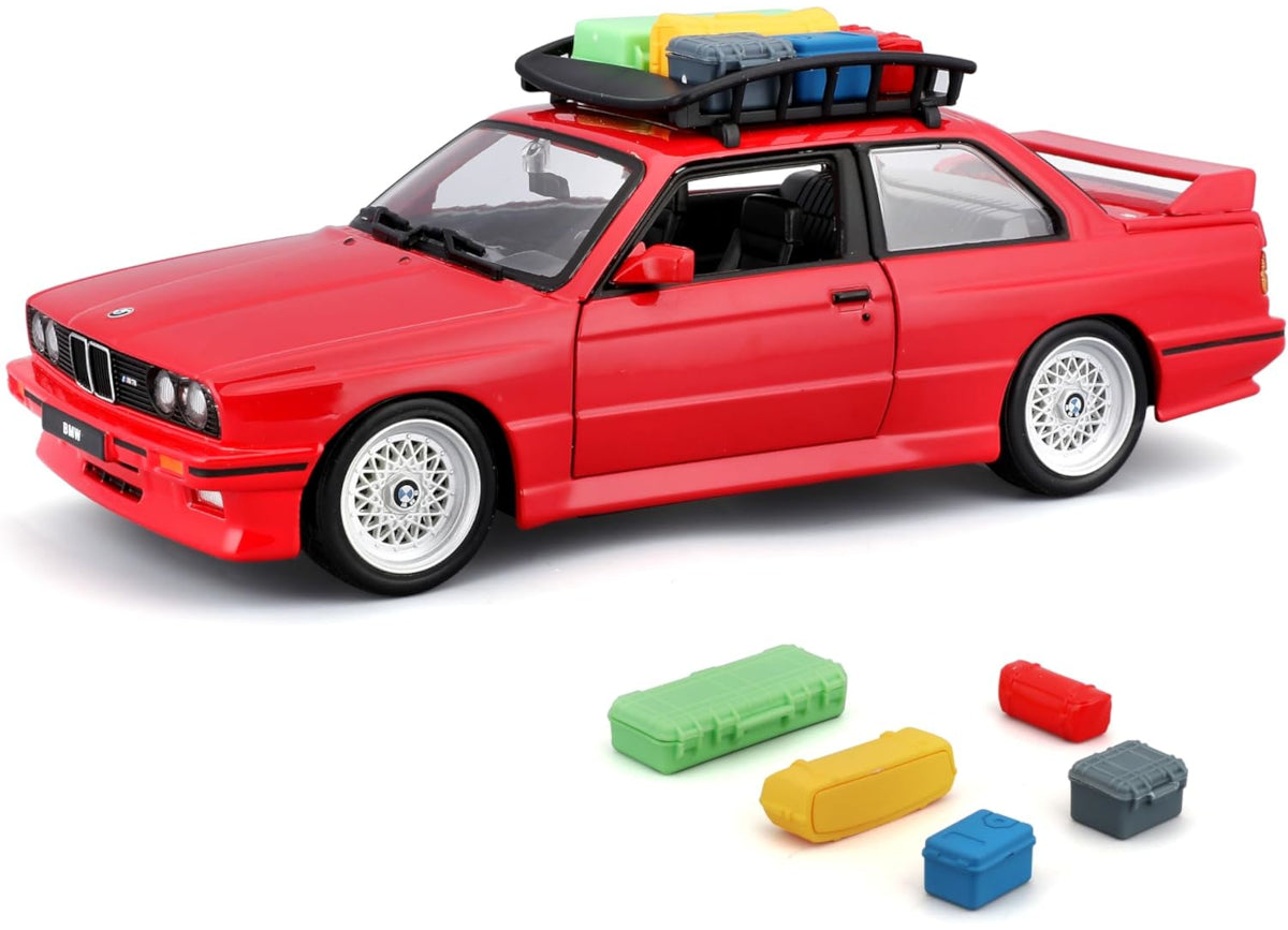 BMW M3 E30 1988 rosu cu portbagaj deasupra si bagaje - 1/24 Bburago