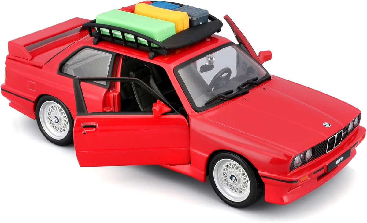 BMW M3 E30 1988 rosu cu portbagaj deasupra si bagaje - 1/24 Bburago