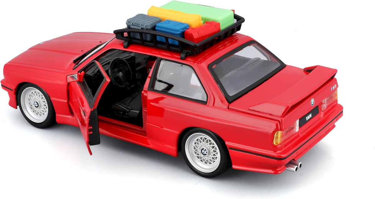 BMW M3 E30 1988 rosu cu portbagaj deasupra si bagaje - 1/24 Bburago