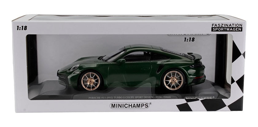 Porsche 911 992 Turbo S Coupe Sport Design 2024 verde  cu roti aurii 1/300 pcs - 1/18 Minichamps