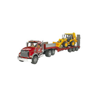 BRUDER 02813 - Camion Mack cu platforma si cu buldoexcavator JCB 4CX