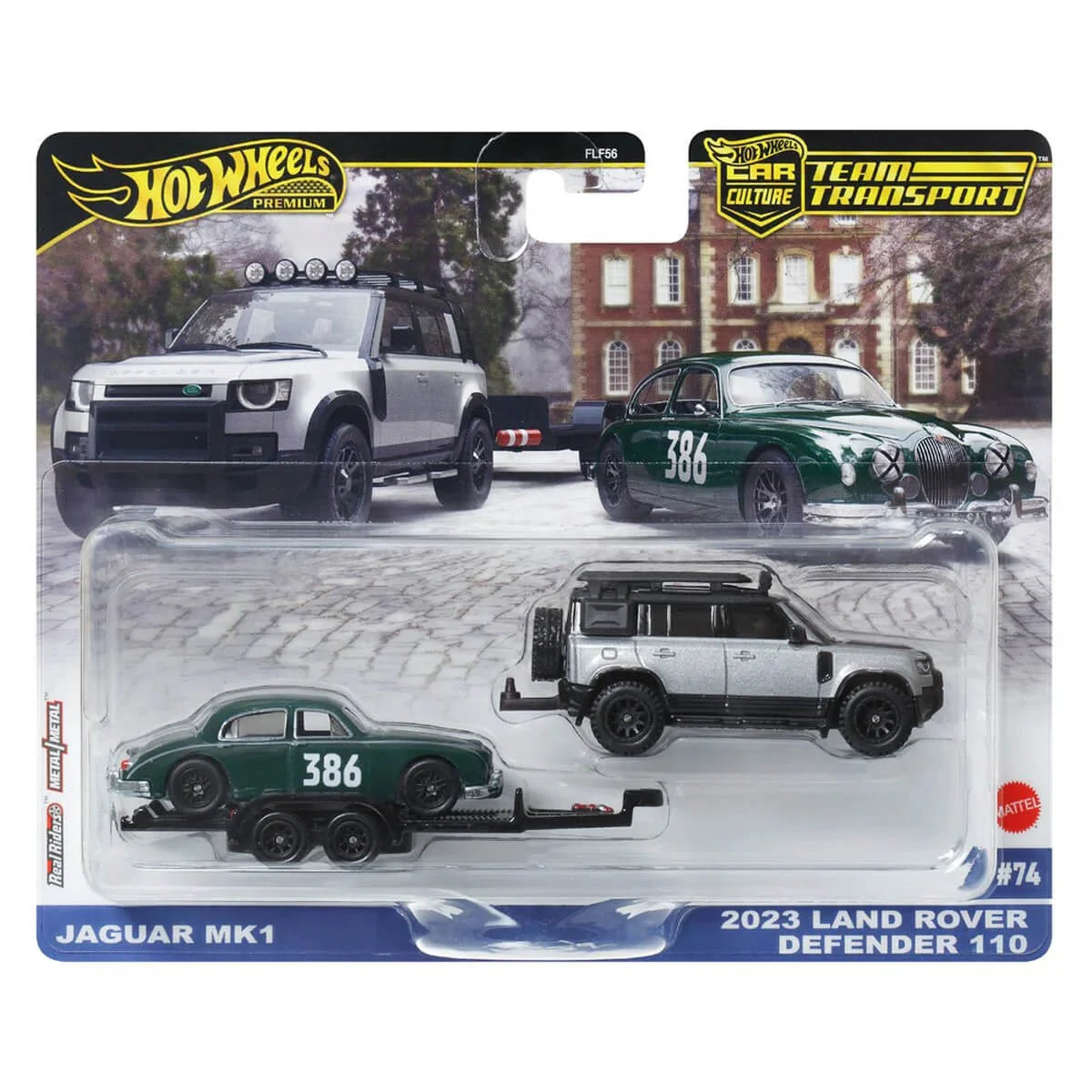 Set 2 masinute Nissan Jaguar MK1 si Land Rover Defender 110 2023 - 1/64 Hot Wheels Premium