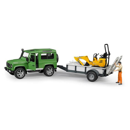 BRUDER 02593 - Land Rover Defender cu remorca,cu excavator si cu omulet