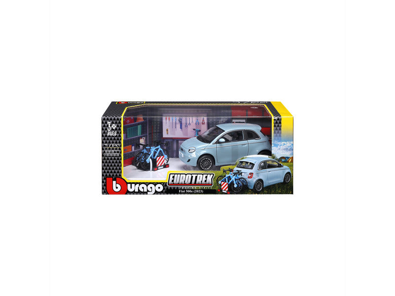 Fiat 500E 2023 cu portbagaj pentru biciclete - 1/24 Bburago