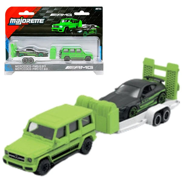 Set 2 masinute Mercedes-AMG G63 si Mercedes-AMG GT 63 cu remorca - 1/64 Majorette